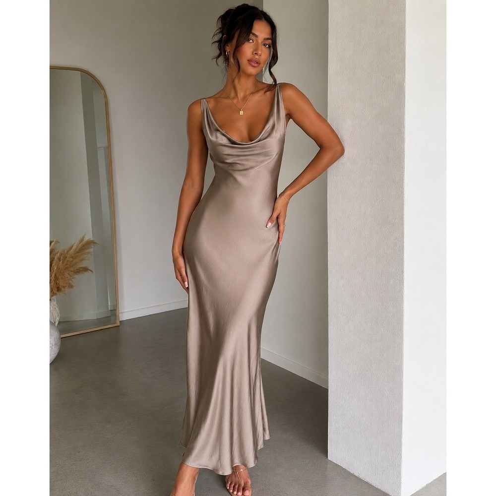 Zara Slip Dress S Taupe Cowl Neck Satin Midi NWT Minimalist Wedding Guest Chic